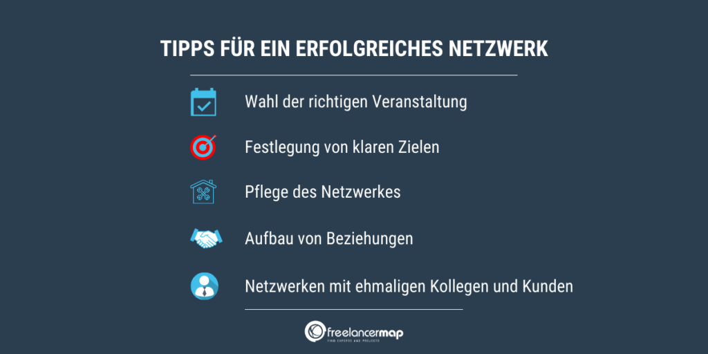 Überblick über verschiedene Tipps, die bei erfolgreichem Netzwerken von Freelancern beachtet werden müssen.