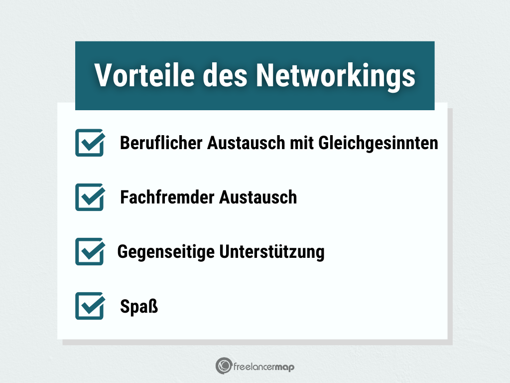 Vorteile des Networkings:
1. Beruflicher Austausch
2. Fachfremder Austausch
3. Gegenseitige Unterstützung
4. Spaß