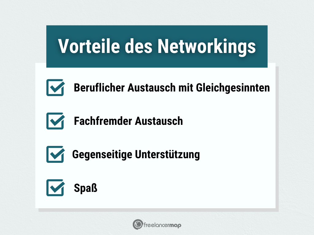 Vorteile des Networkings:
1. Beruflicher Austausch
2. Fachfremder Austausch
3. Gegenseitige Unterstützung
4. Spaß 