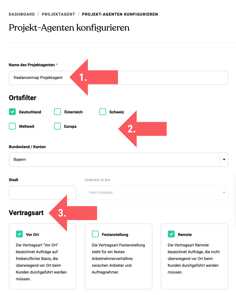 Screenshot von den Schritten 1 - 3 zur Konfiguration des Projektagenten auf freelancermap.de.