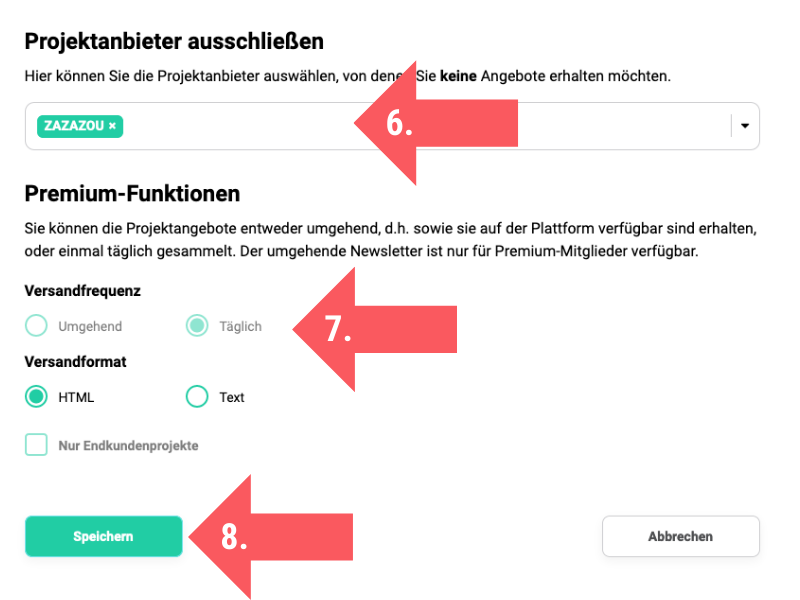 Screenshot von den Schritten 6 - 8 zur Konfiguration des Projektagenten auf freelancermap.de