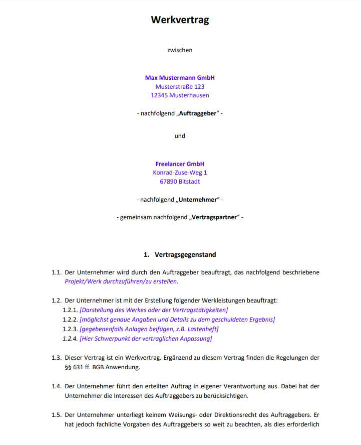 Werkvertrag Muster | Vorlage kostenlos herunterladen