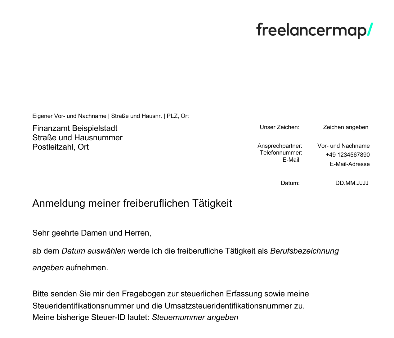Vorlage Anmeldung freiberufliche Tätigkeit