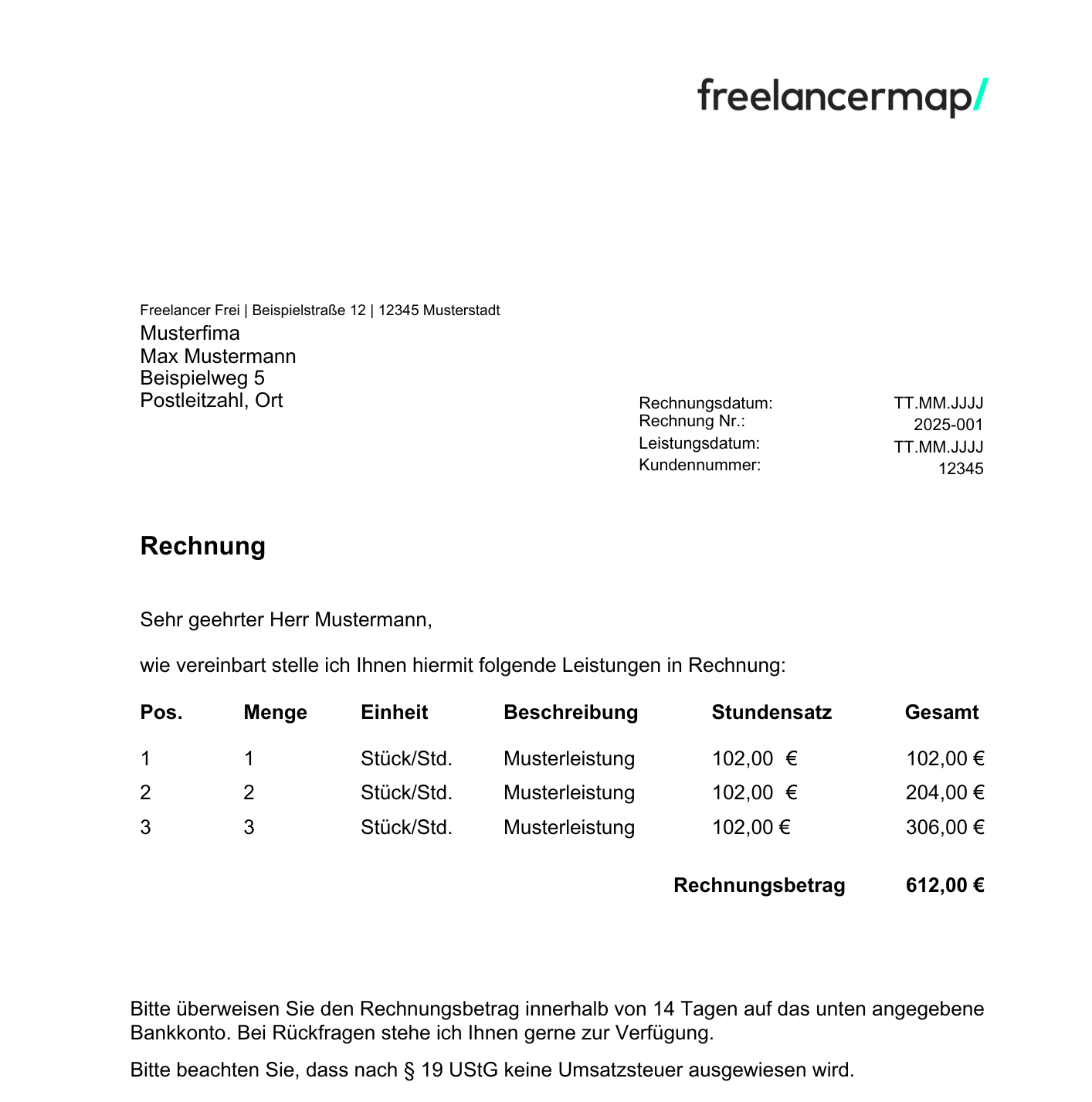 Vorlage Rechnung Freiberufler ohne Umsatzsteuer Beispiel