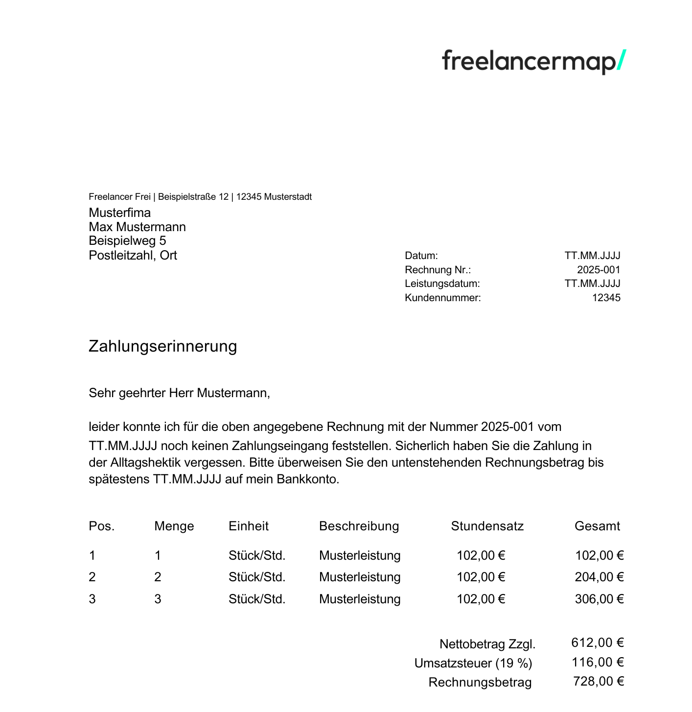 Zahlungserinnerung Vorlage